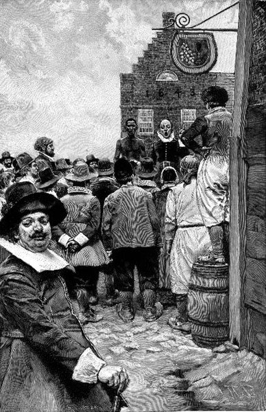 تم بيع القطع المختارة من حمولتها في المزاد ، رسم توضيحي من "New York Slave Traders" بواسطة Thomas A. Janvier ، حانة. في مجلة هاربر بواسطة هوارد (بعد) بايل