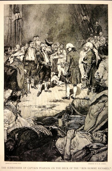 تسليم الكابتن بيرسون إلى جون بول جونز على ظهر السفينة بونهوم ريتشارد عام 1779 (ليتو) بواسطة هوارد (بعد) بايل