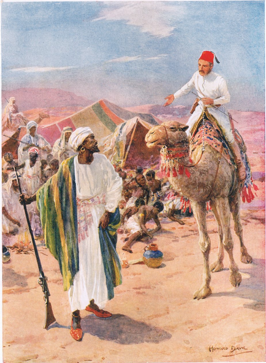 "ركب جوردون وحده وغير مسلح في معسكر النخاسين" ، رسم توضيحي من "الأعمال الشجاعة من قبل الرجال الشجعان" بقلم سي. شيريدان جونز ، حانة. 1922 (ليثو) بواسطة هوارد ديفي