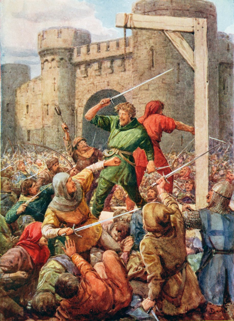 وقف الاثنان الشجعان ظهرًا إلى الوراء ، رسم توضيحي من "روبن هود وحياته في ميري غرينوود" ، رواه روز ييتمان وولف ، نشره رافائيل توك بواسطة هوارد ديفي
