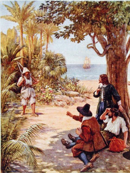 يظهر كروزو أمام قبطان السفينة ، رسم توضيحي لـ "روبنسون كروزو" بقلم دانيال ديفو (1660-1731) (لون ليثو) بواسطة هوارد ديفي