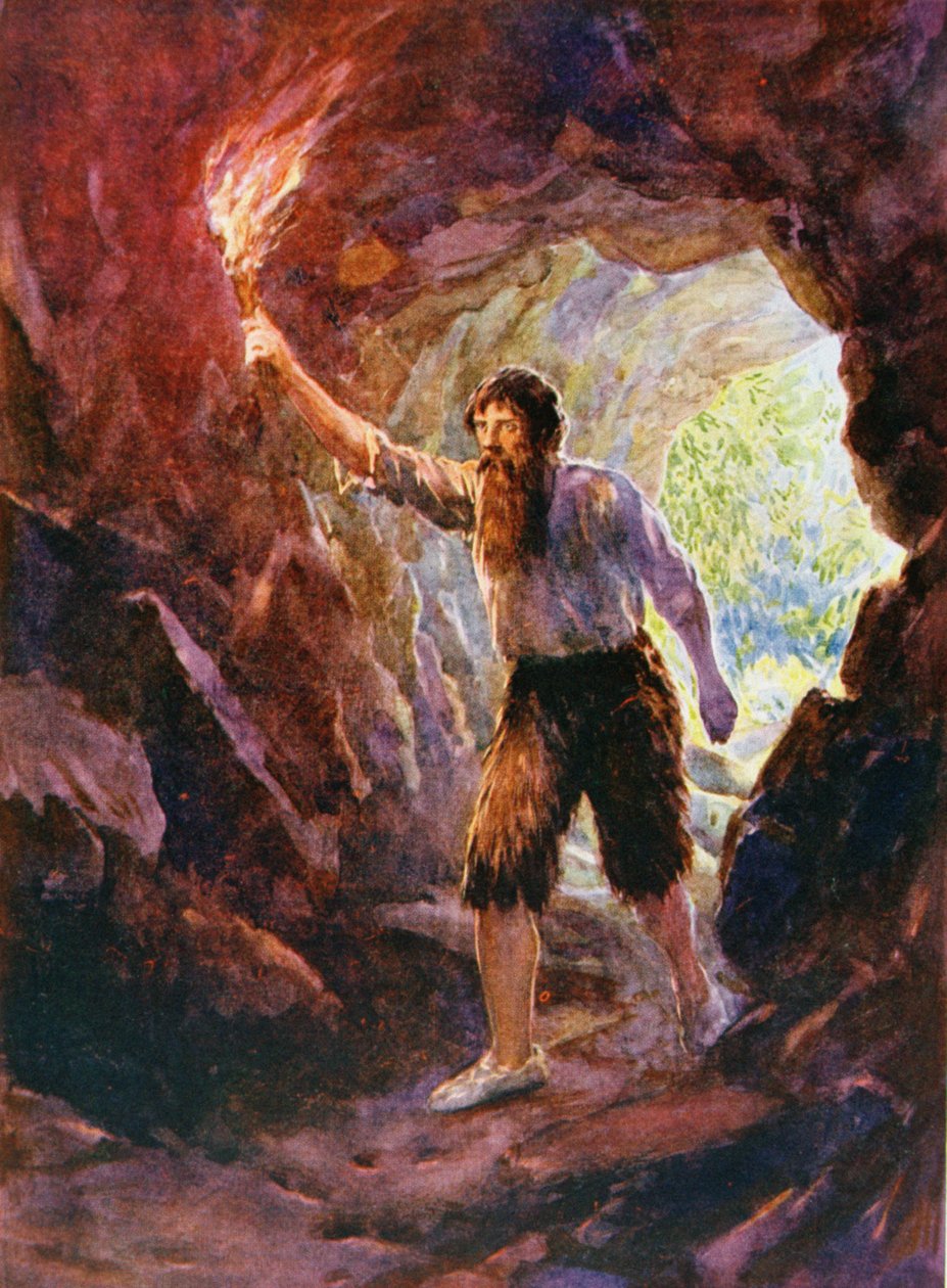 مغامرة كروزو في الكهف ، رسم توضيحي لـ "روبنسون كروزو" بقلم دانيال ديفو (1660-1731) (لون ليثو) بواسطة هوارد ديفي