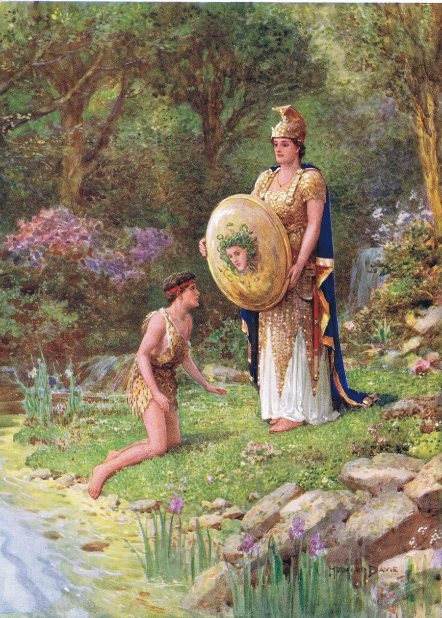 "هل تجرؤ على مواجهة مثل هذا الوحش؟" ، رسم توضيحي لـ "How Perseus vows a Rash Vow" ، من The Heroes of Greek Fairy Tales ، من تأليف Charles Kingsley (1819-1875) (color litho) بواسطة هوارد ديفي