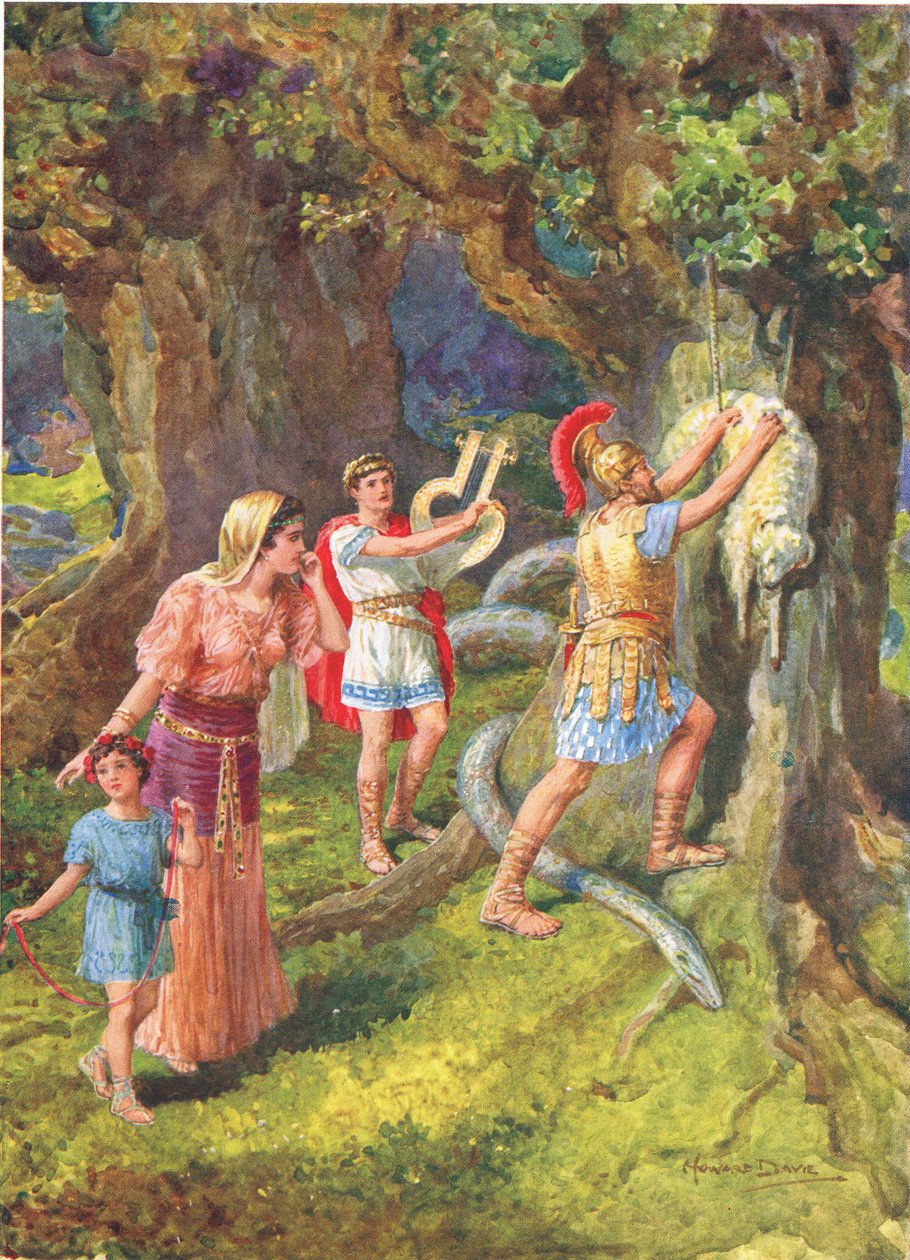 "مزق جيسون الصوف من جذع الشجرة" ، رسم توضيحي لـ "كيف أبحر Argonauts إلى Colchis" ، من The Heroes of Greek Fairy Tales ، بقلم تشارلز كينجسلي (1819-1875) (لون ليثو) بواسطة هوارد ديفي