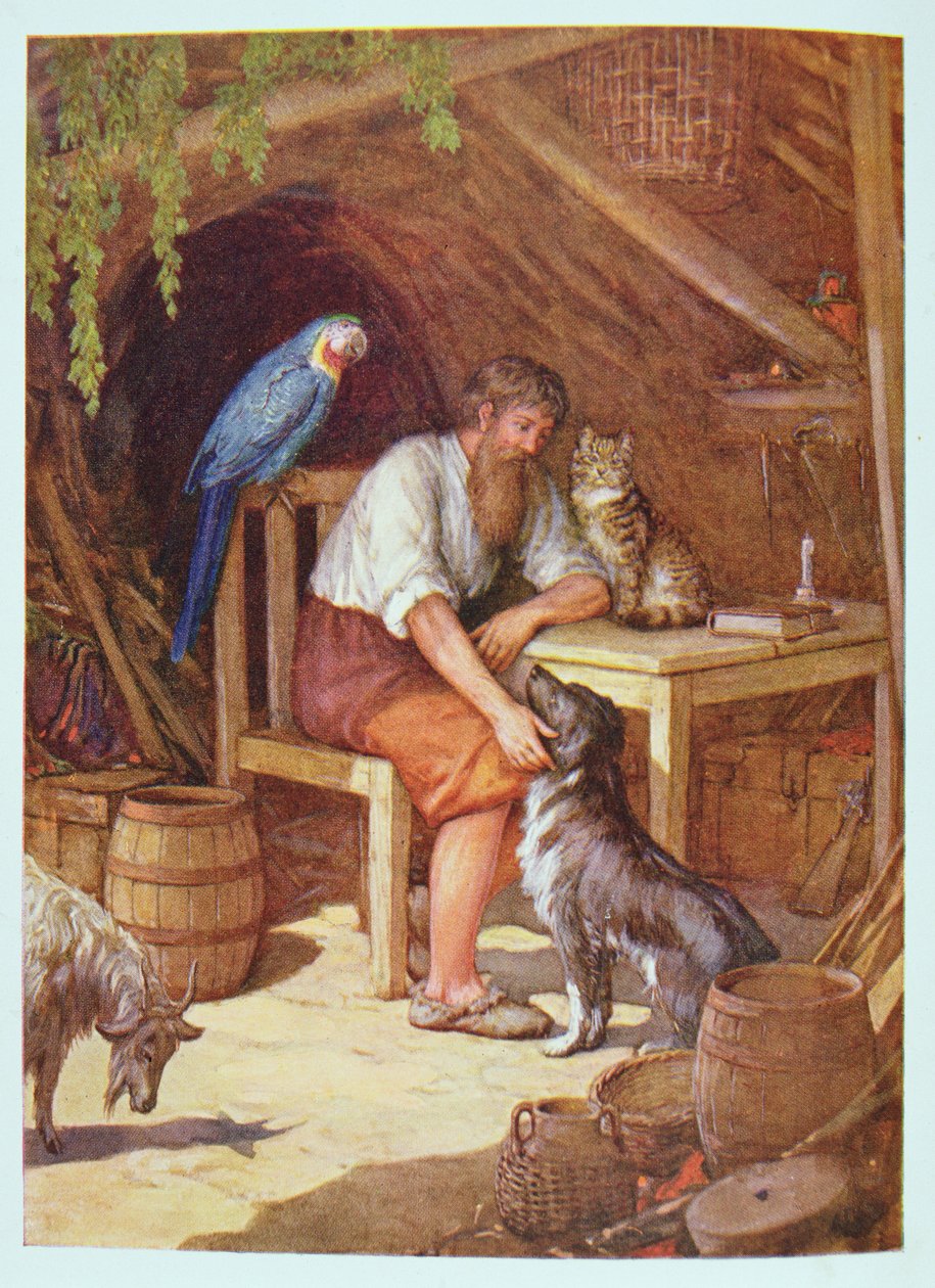 روبنسون كروزو في كوخه ، رسم توضيحي من "روبنسون كروزو" بقلم دانيال ديفو (1660-1731) (ليثو ملون) بواسطة هوارد ديفي