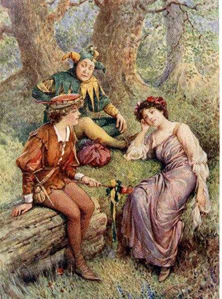 روزاليند وسيليا وتاتشستون في "As You Like It" من "قصص الأطفال من شكسبير" بقلم إديث نسبيت (1858-1924) حانة. بواسطة رافائيل تاك وأولاده المحدودة ، لندن (رسم توضيحي لكتاب) بواسطة هوارد ديفي