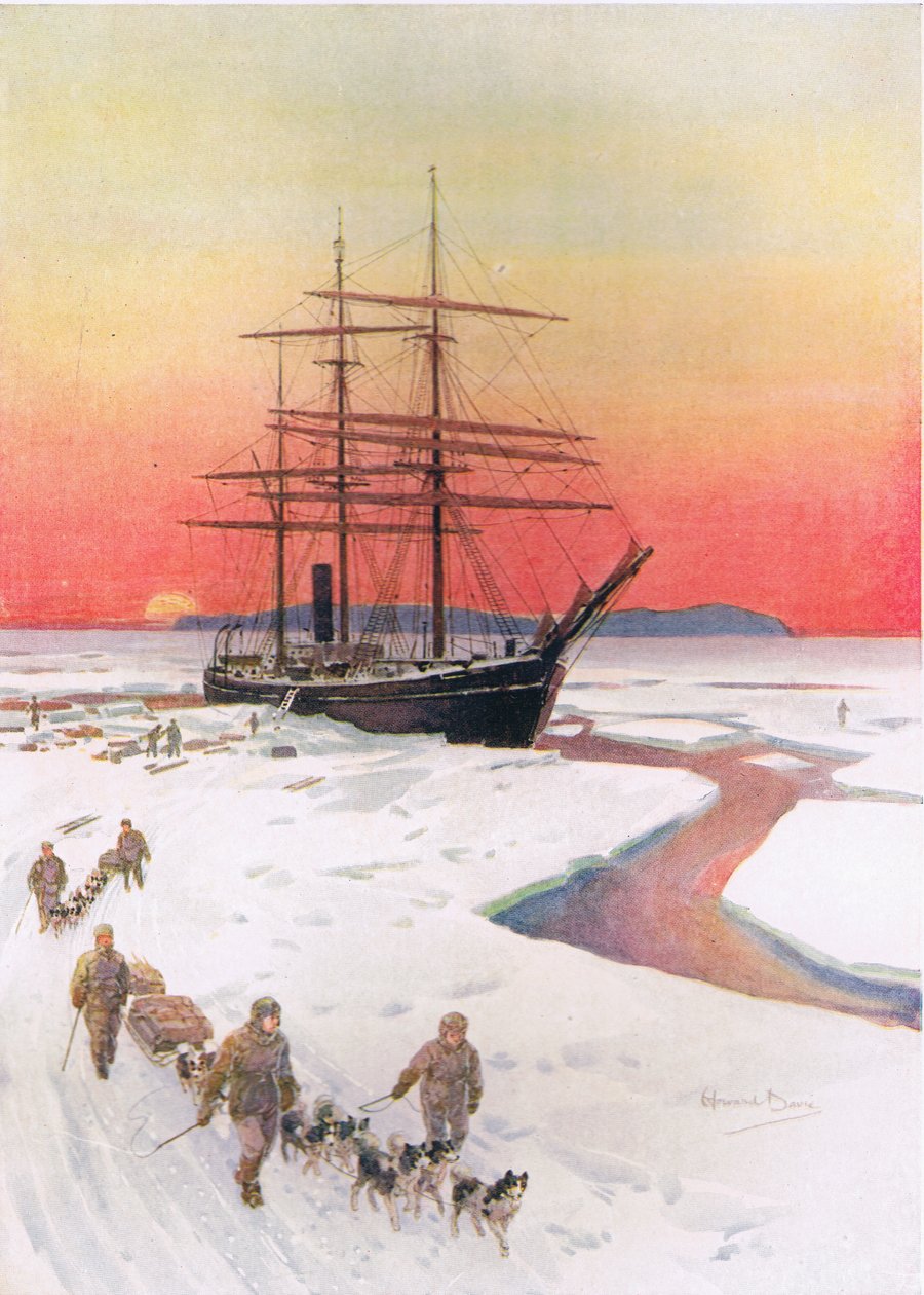 "تفريغ Terra Nova في McMurdo Sound" ، رسم توضيحي من "Brave Deeds by Brave Men" لـ C. Sheridan Jones ، حانة. 1922 (ليثو) بواسطة هوارد ديفي