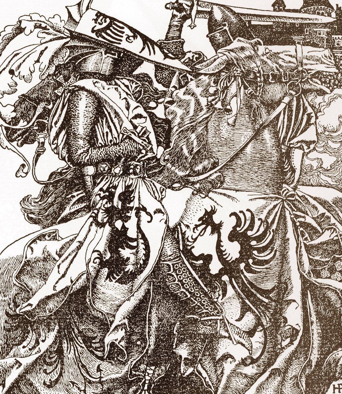 Arthurian Legend: Kay (Keu) ، فارس المائدة المستديرة ، كسر سيفه في إحدى البطولات (السير كاي ، فارس المائدة المستديرة ، كسر سيفه في إحدى البطولات) رسم توضيحي لهورد بايل (1853-1911) من "قصة الملك آرثر وفرسانه" 190 بواسطة هوارد بايل