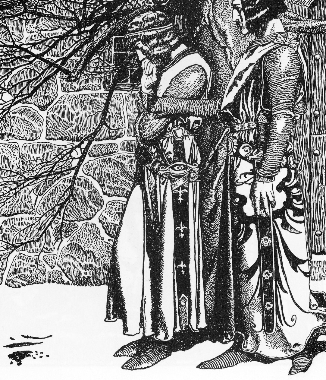 Arthurian Legend: The Knight Kay (Keu) و Perceval (السير كاي والسير بيرسيفال) رسم توضيحي لهوارد بايل (1853-1911) من مجموعة "قصة أبطال المائدة المستديرة" لعام 1905 بواسطة هوارد بايل