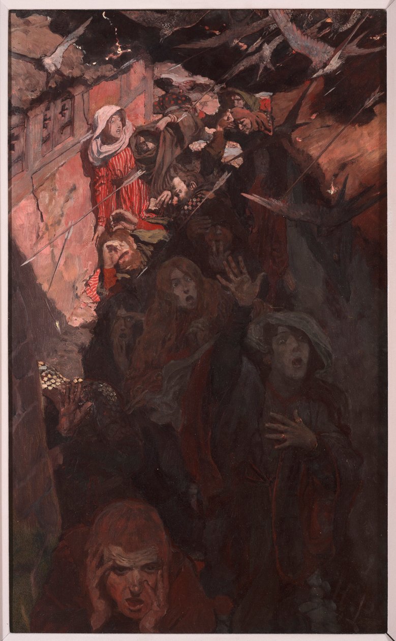 جلب النار والإرهاب إلى السطح والسرير ، من كتاب "طيور سيرنسستر" بقلم بريت هارت (1836-1902) ، المنشور في مجلة سكريبنر ، يناير 1898 (حبر وغواش على ورق) بواسطة هوارد بايل