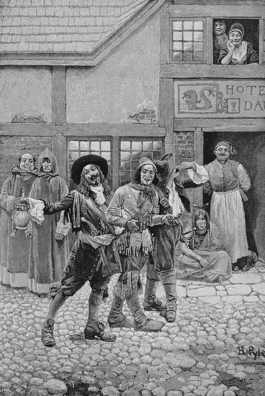 Coureurs de Bois ، منقوش بواسطة GE Johnson ، رسم توضيحي من "رحلات كندا الكندية على Saguenay" بواسطة CH Farnham ، حانة. في مجلة هاربر 1888 بواسطة هوارد بايل