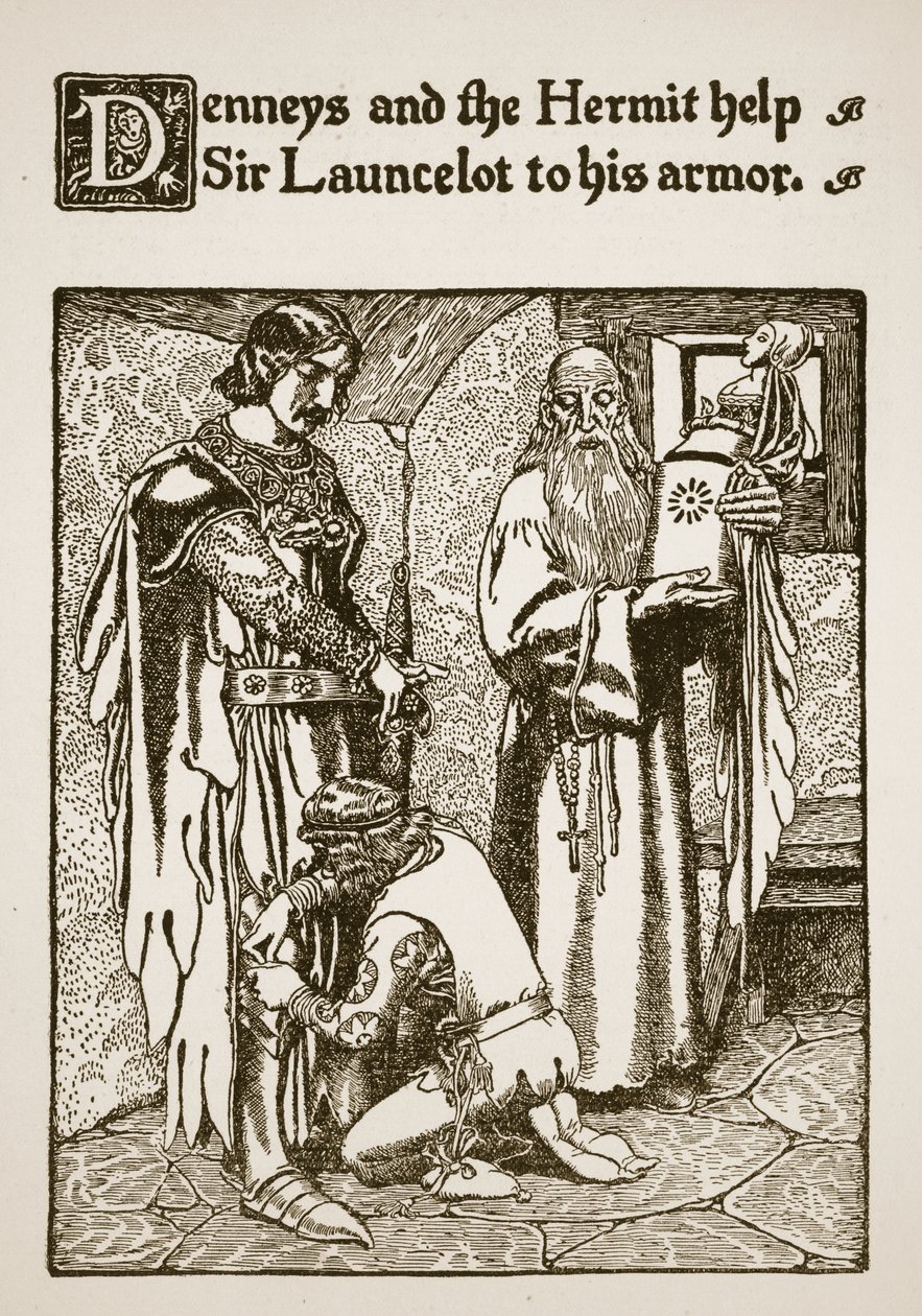Denneys و Hermit يساعدان السير Launcelot على درعه ، التوضيح من "قصة السير Launcelot ورفاقه" ، 1907 بواسطة هوارد بايل