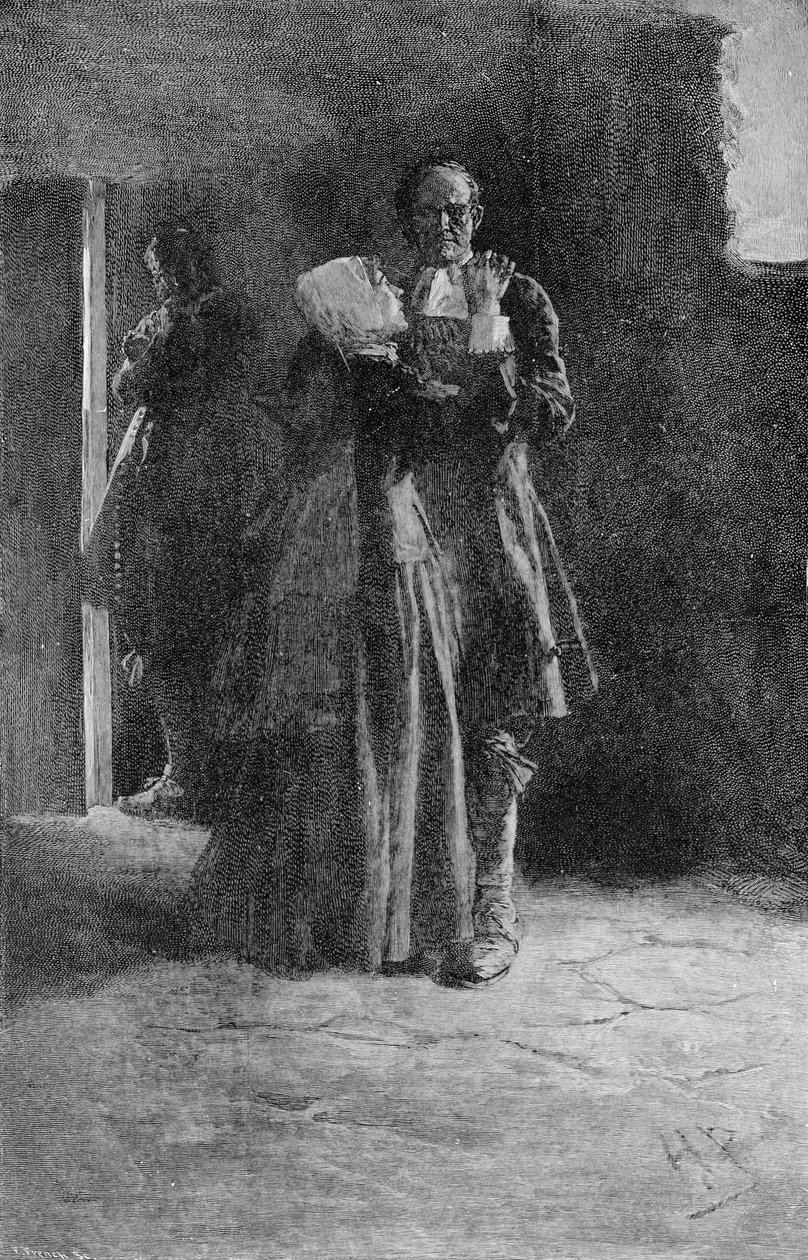 جيلز كوري في السجن ، منقوش بواسطة فرانك فرنسي (1850-1933) التوضيح من "جيلز كوري ، يومان" بقلم ماري إي ويلكنز ، حانة. في مجلة هاربر ، 1892 بواسطة هوارد بايل