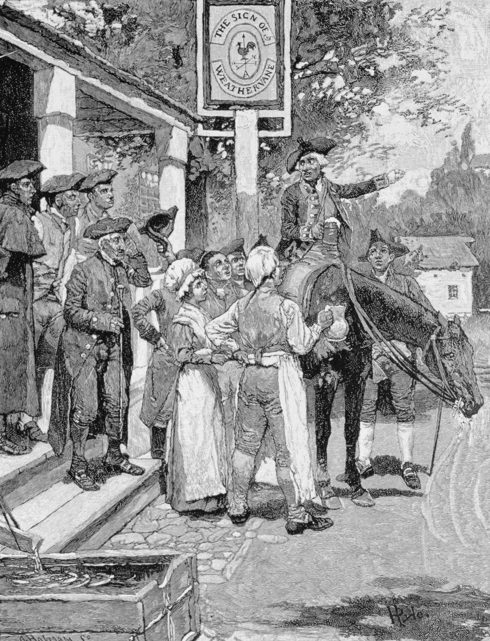 توقف عند علامة Weathervane ، توضيح من "Tilighman&39;s Ride from Yorktown" ، الحانة. في مجلة هاربر ، نوفمبر ١٨٨١ بواسطة هوارد بايل