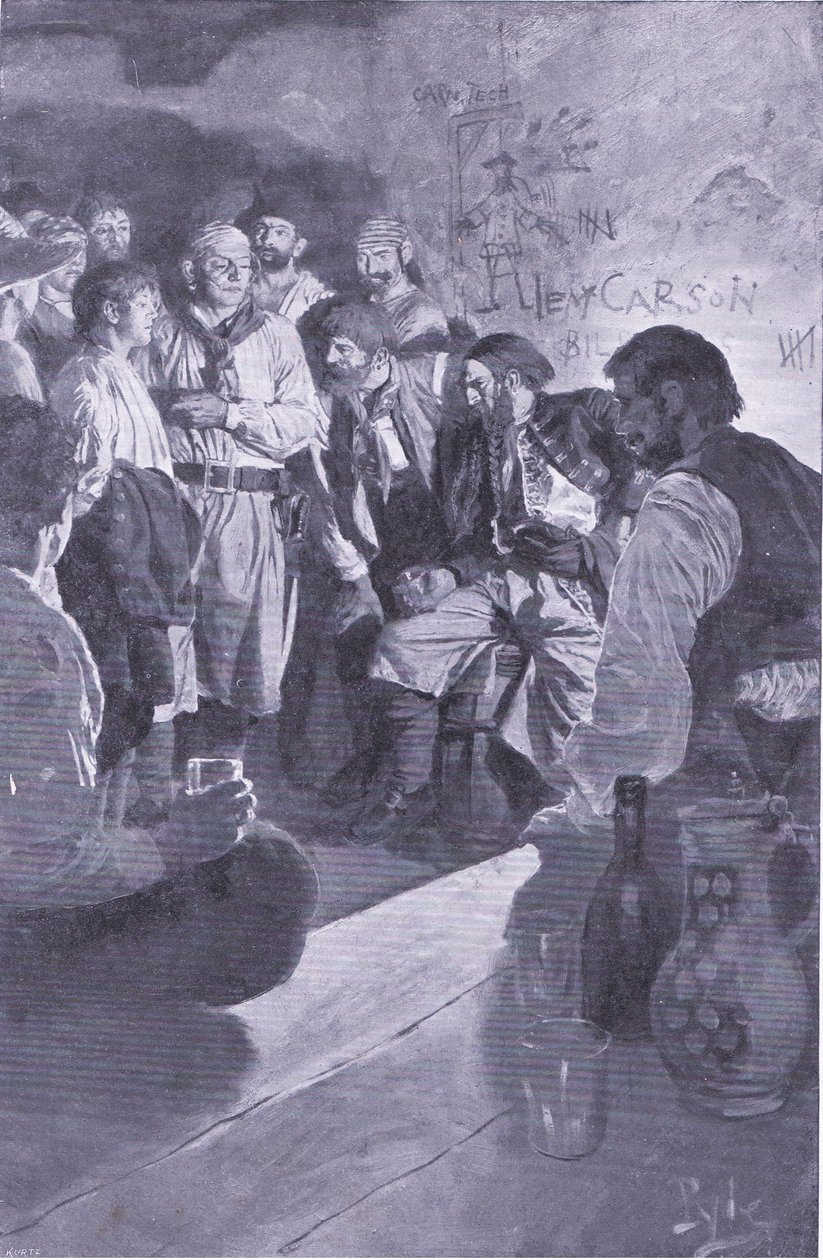 قاد جاك إلى الرجل الذي جلس على barrell ، من Howard Pyles Book of Pirates نشره Harper & Bros ، 1921 بواسطة هوارد بايل
