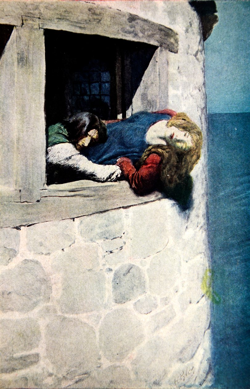 "علق رأسها وكتفيها فوق الفضاء بدون" ، رسم توضيحي من خادمة Landevennec ، الحانة. في مجلة هاربر 1904 بواسطة هوارد بايل