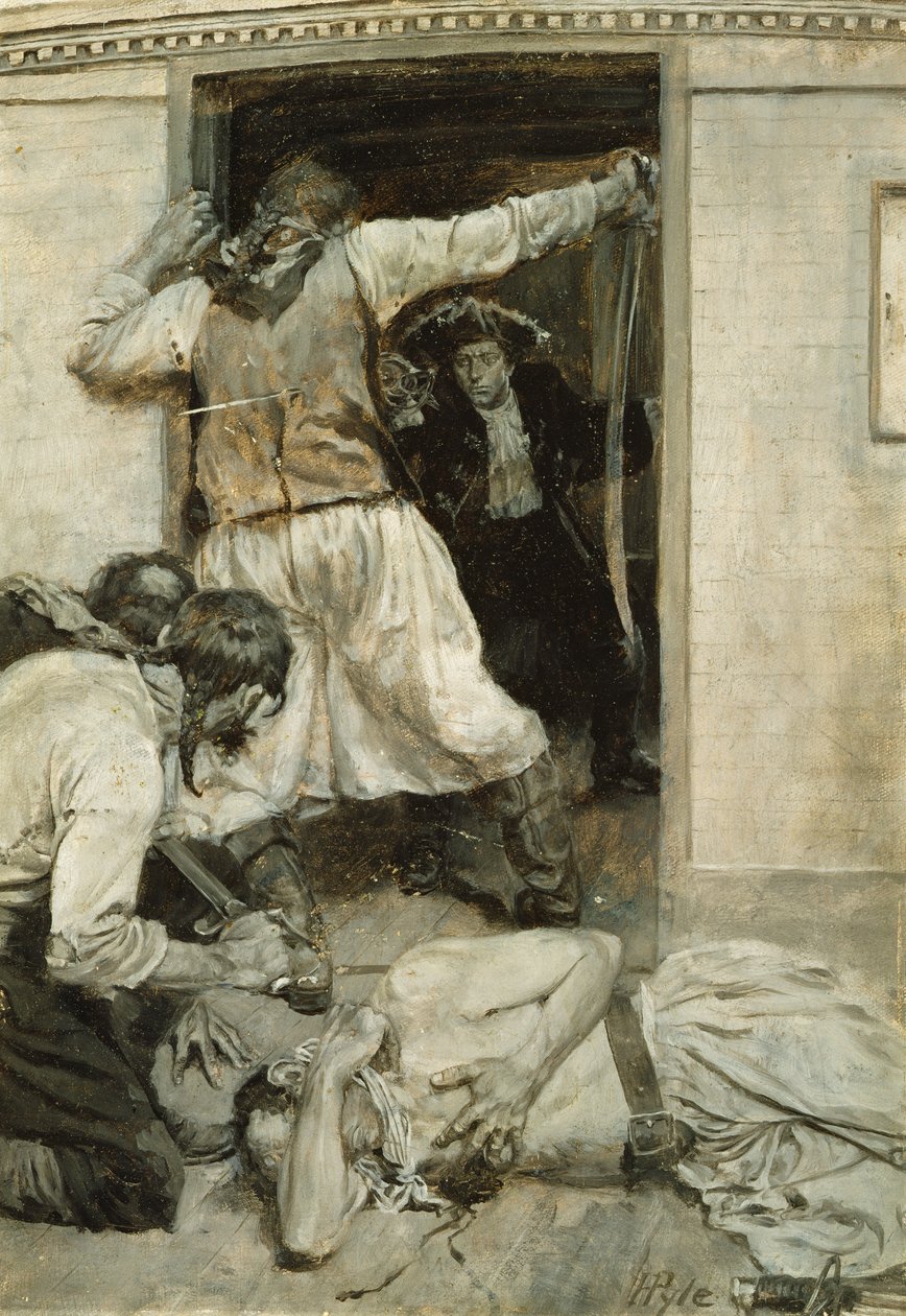رأيته يمرر سيفه عبر جسد رفيقه ، من فيلم "Kidnapped" المنشور في "The Novels and Tales of Robert Louis Stevenson" بواسطة هوارد بايل