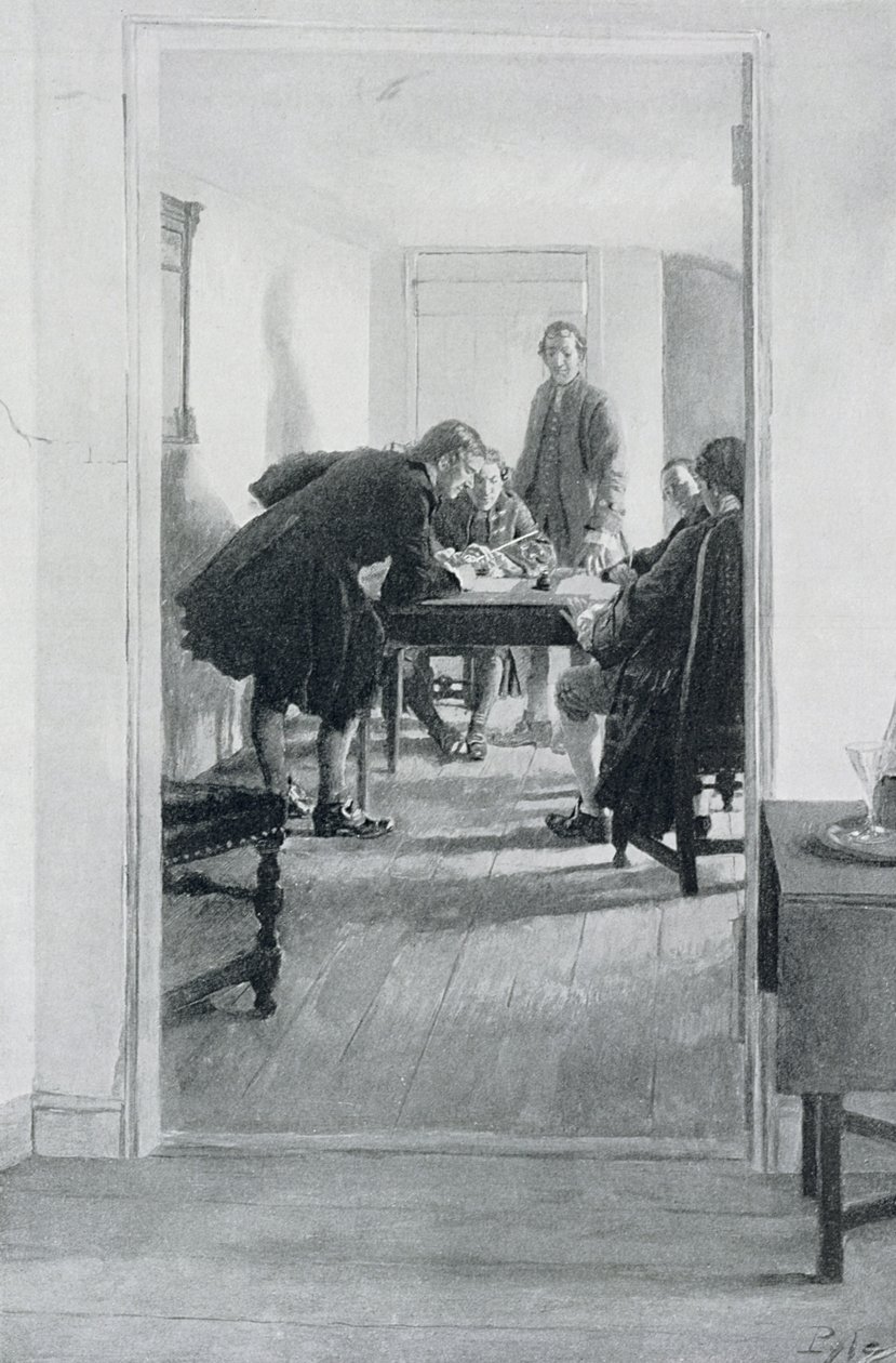 في Old Raleigh Tavern ، رسم توضيحي من "At Home in Virginia" بقلم Woodrow Wilson ، حانة. في مجلة هاربر 1896 بواسطة هوارد بايل