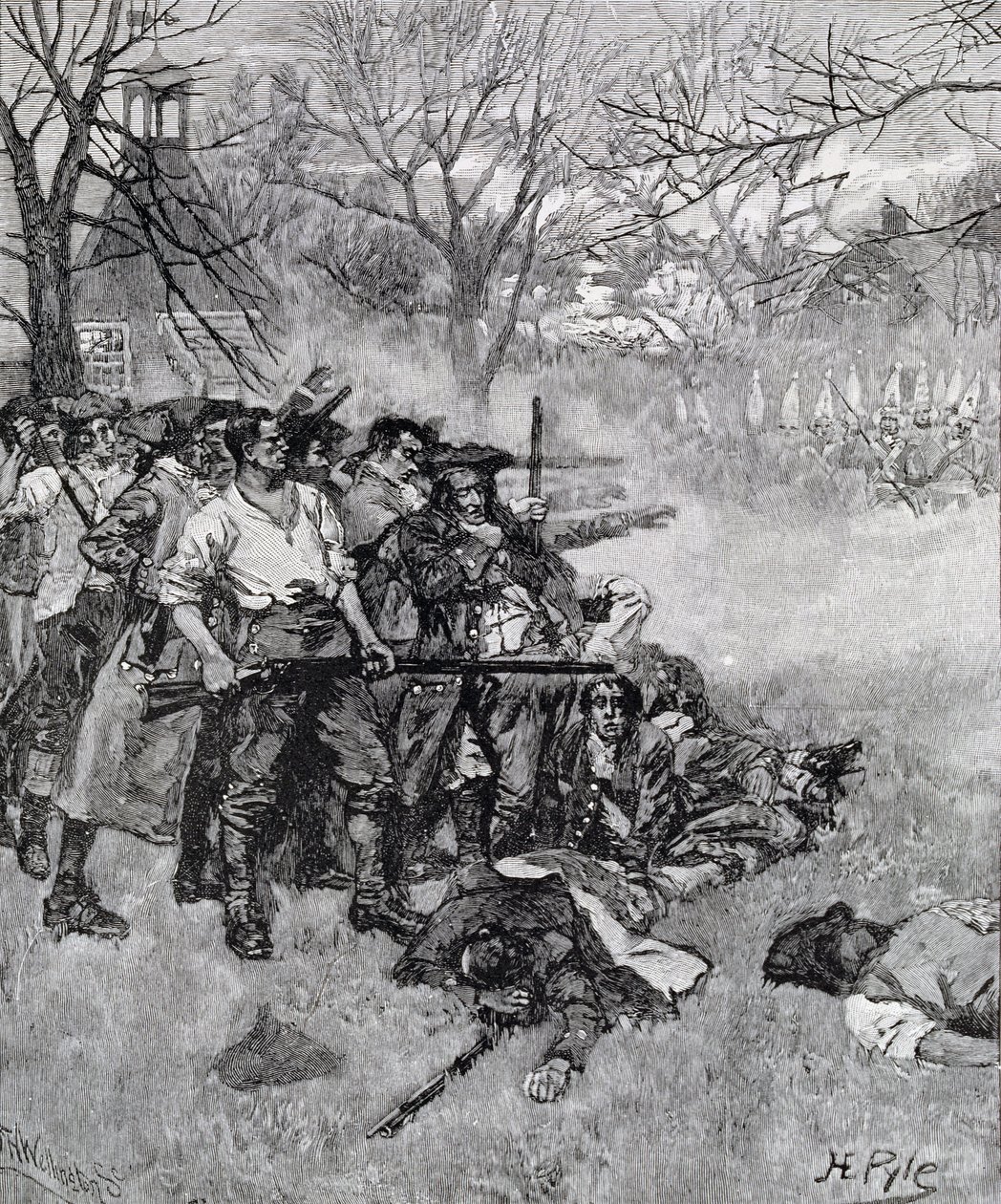 Lexington Green - "إذا كانوا يريدون الحرب ، فقد تبدأ هنا أيضًا" ، نقشها FH Wellington ، من مجلة Harper ، 1883 بواسطة هوارد بايل