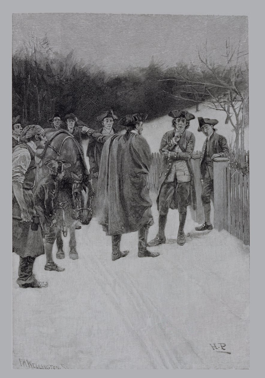 بول ريفير ينقل الأخبار إلى سوليفان ، نقش بواسطة FH Wellington ، رسم توضيحي من &39;The Gunpowder for Bunker Hill&39; بواسطة Ballard Smith ، حانة. في مجلة هاربر 1886 بواسطة هوارد بايل