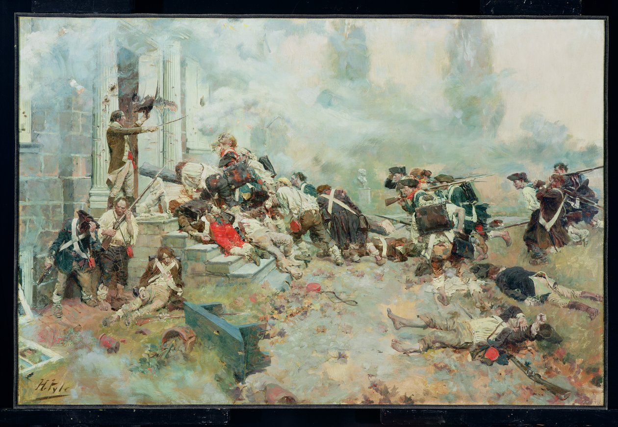The Attack Upon the Chew House ، من "قصة الثورة" بقلم هنري كابوت لودج (1850-1924) ، نُشر في مجلة سكريبنر ، يونيو 1898 (زيت على قماش) بواسطة هوارد بايل