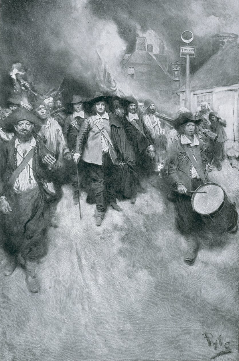 حرق جيمستاون ، 1676 ، رسم توضيحي من "المستعمرات والأمة" بقلم وودرو ويلسون ، حانة. في مجلة هاربر ، 1901 (ليثو) بواسطة هوارد بايل