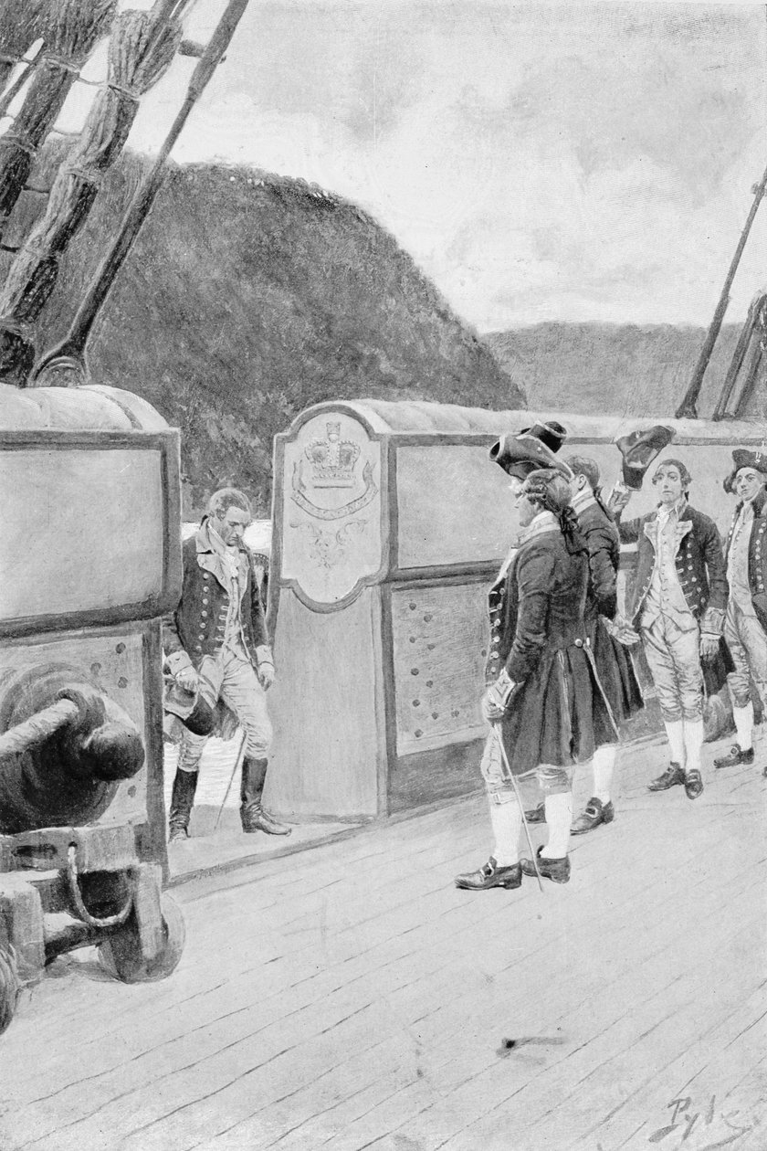 The Escape of Arnold on the Sloop-of-War "Vulture" البريطاني ، صورة توضيحية من "General Washington" بقلم Woodrow Wilson ، حانة. في مجلة هاربر ، 1896 (ليثو) بواسطة هوارد بايل