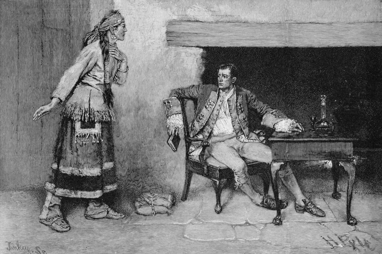 The Ojibway Maiden الكشف عن مؤامرة بونتياك ، نقشها جون تينكي (fl.1871-1901) التوضيح من "مدينة المضيق" بقلم إدموند كيرك ، حانة. في مجلة هاربر 1886 بواسطة هوارد بايل
