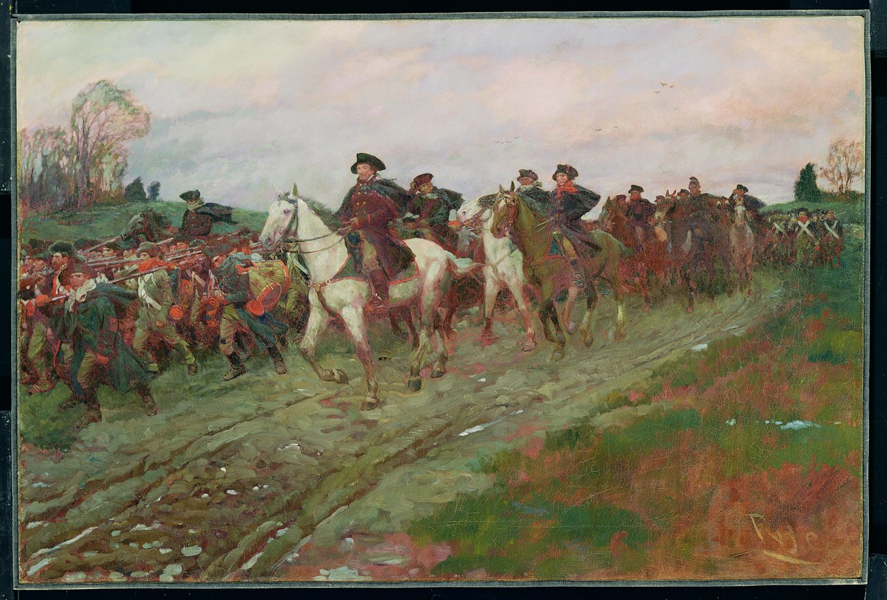 تراجع عبر جيرسي ، من "قصة الثورة" بقلم هنري كابوت لودج (1850-1924) ، نُشر في مجلة سكريبنر ، أبريل 1898 (زيت على قماش) بواسطة هوارد بايل