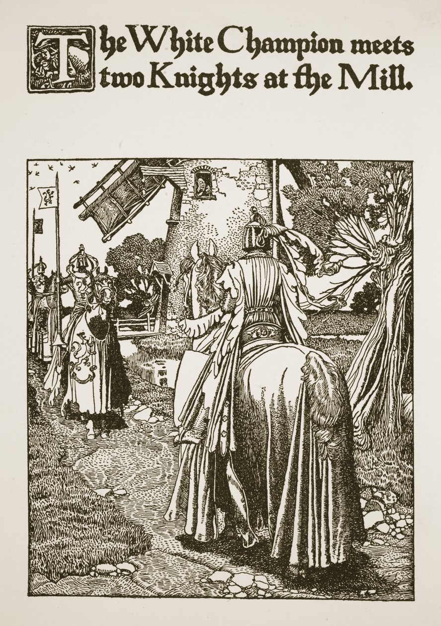 يلتقي البطل الأبيض بطائرتين في المطحنة ، رسم توضيحي من "قصة الملك آرثر وفرسانه" ، 1903 بواسطة هوارد بايل