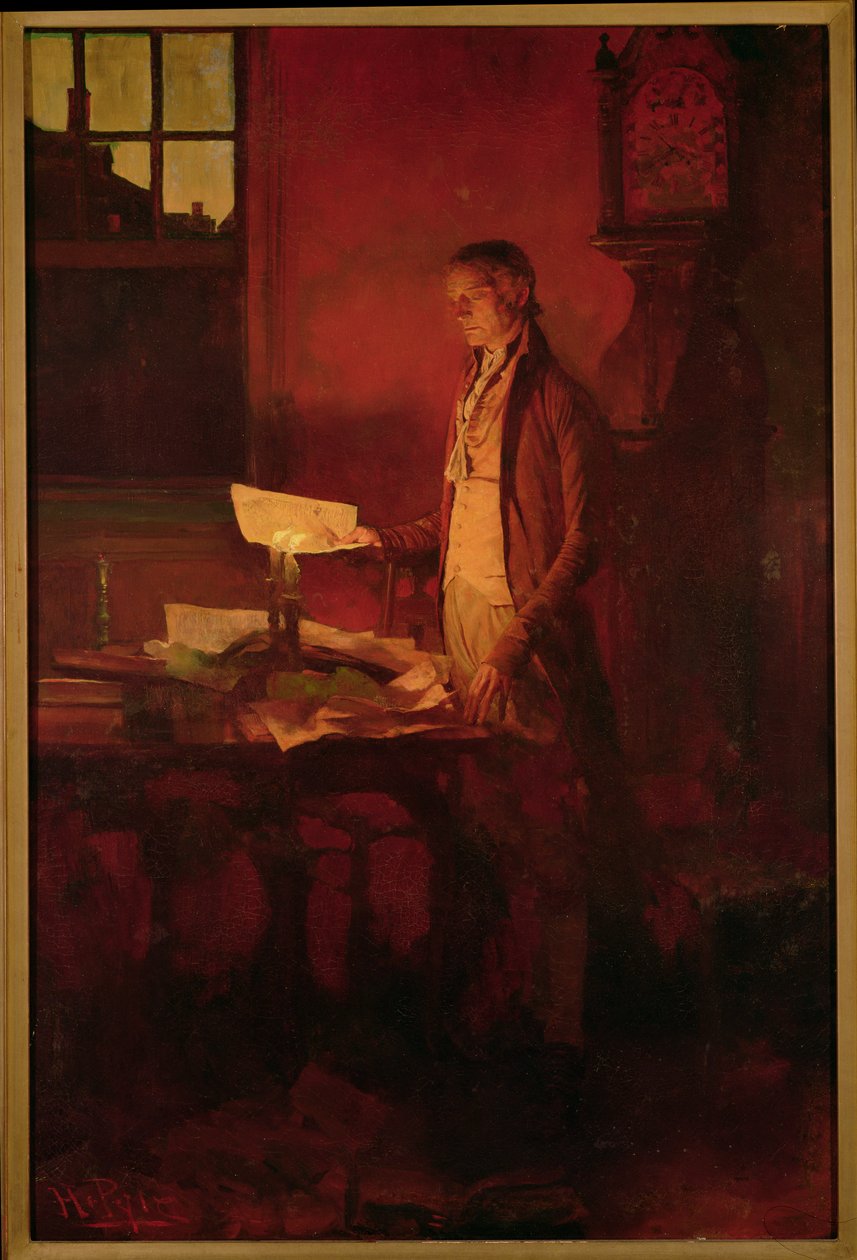 توماس جيفرسون يكتب إعلان الاستقلال ، من "قصة الثورة" بقلم هنري كابوت لودج (1850-1924) ، نُشر في مجلة سكريبنر ، مارس 1898 (زيت على قماش) بواسطة هوارد بايل