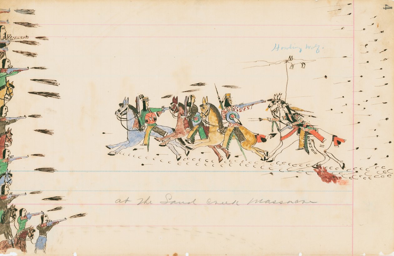 في مذبحة ساند كريك ، 1874-1875 (قلم ، حبر و wc على ورق دفتر الأستاذ) بواسطة عواء الذئب