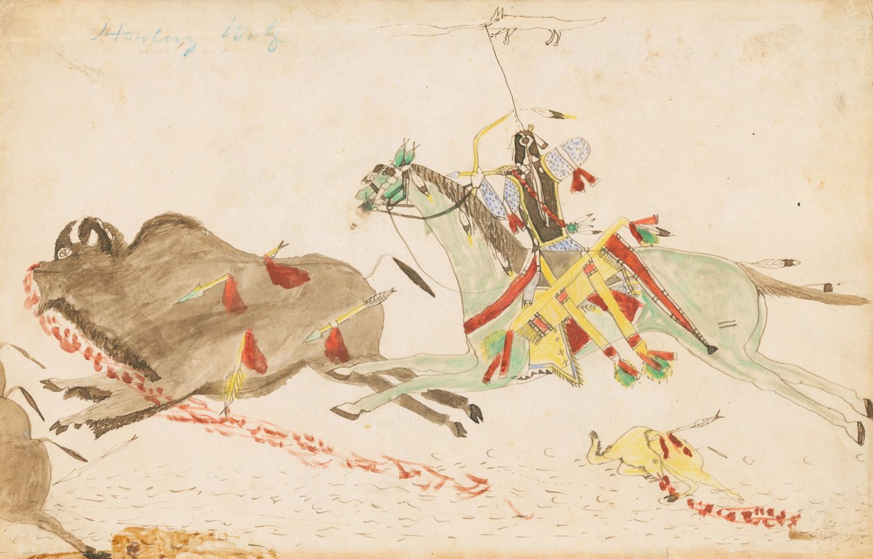 Howling Wolf Hunting Buffalo ، 1874-75 (قلم ، حبر مع مرحاض على ورق دفتر الأستاذ) بواسطة عواء الذئب