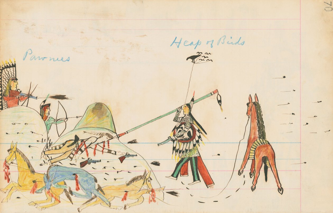 Pawnees و Heap of Birds ، 1874-1875 (قلم ، حبر مع مرحاض على ورق دفتر الأستاذ) بواسطة عواء الذئب