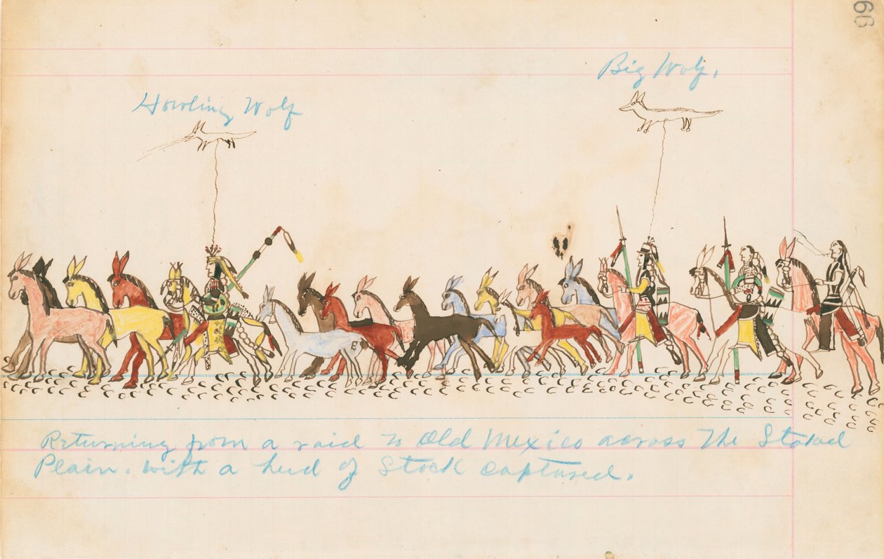العودة من غارة إلى المكسيك القديمة عبر السهول المسطحة مع قطيع من المخزون تم التقاطه ، 1874-1875 (قلم ، حبر مع مرحاض على ورق دفتر الأستاذ) بواسطة عواء الذئب