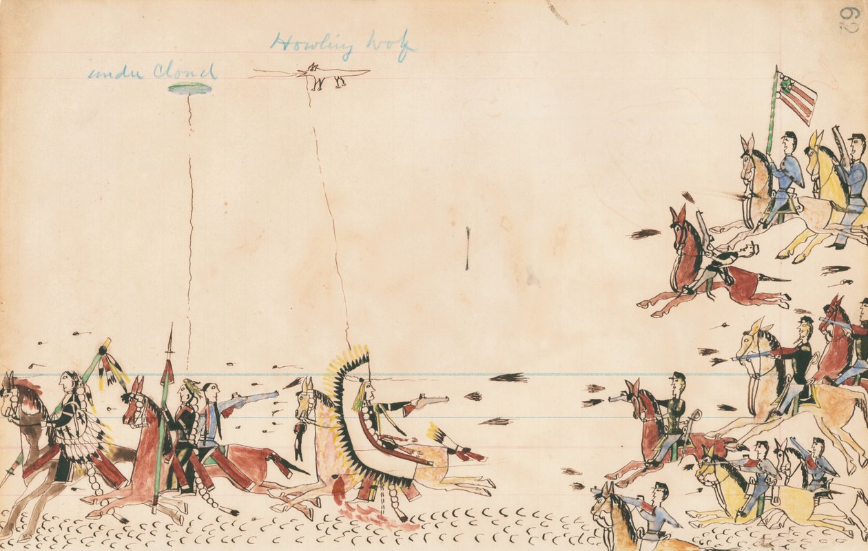 تحت السحابة و Howling Wolf يقاتلون مع الجنرال سولي في عام 1868 ، الكافي السابع بالقرب من Present Camp Supply ، 1874-75 (قلم ، حبر مع مرحاض على ورق دفتر الأستاذ) بواسطة عواء الذئب