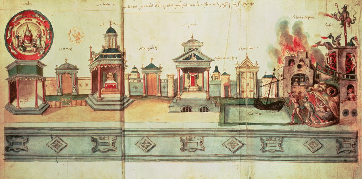 Ms fr.12536 f.2 The Scenery for Valenciennes Mystery Play، 1547 (gouache and ink) بواسطة هوبرت كايو