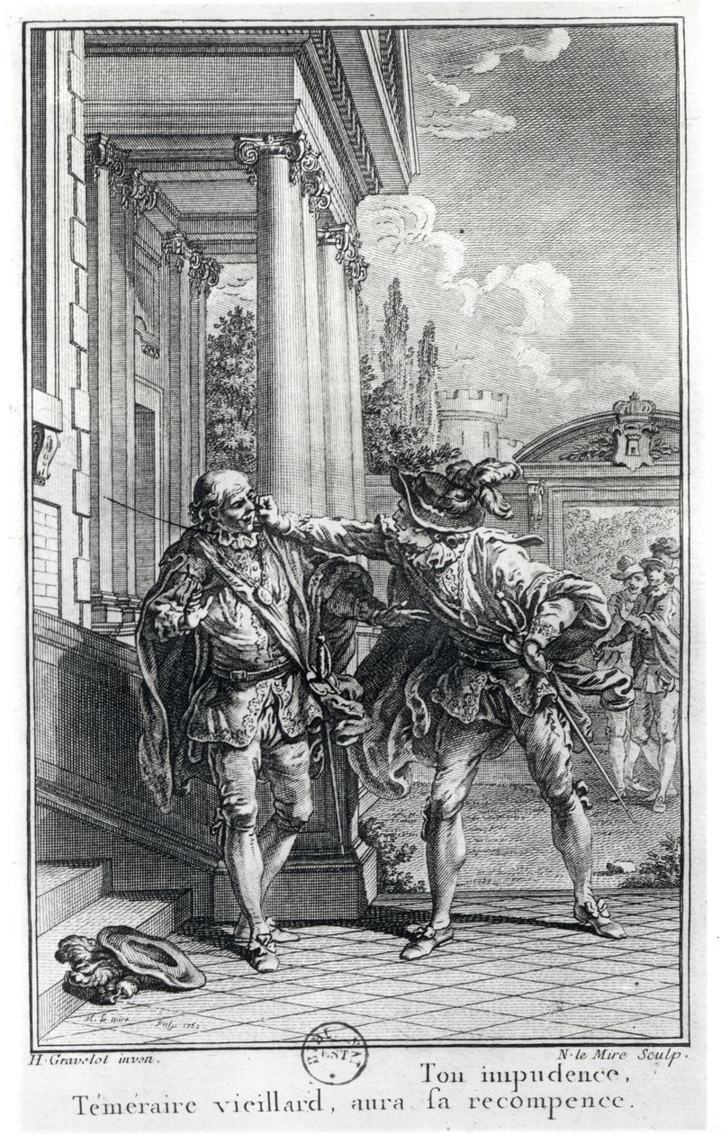 مشهد قتال ، رسم توضيحي لـ `` Le Cid &39;&39; (1637) بواسطة Pierre Corneille (1606-84) منقوش بواسطة Noel Le Mire (1724-1800) 1762 بواسطة هوبير فرانسوا جرافيلوت