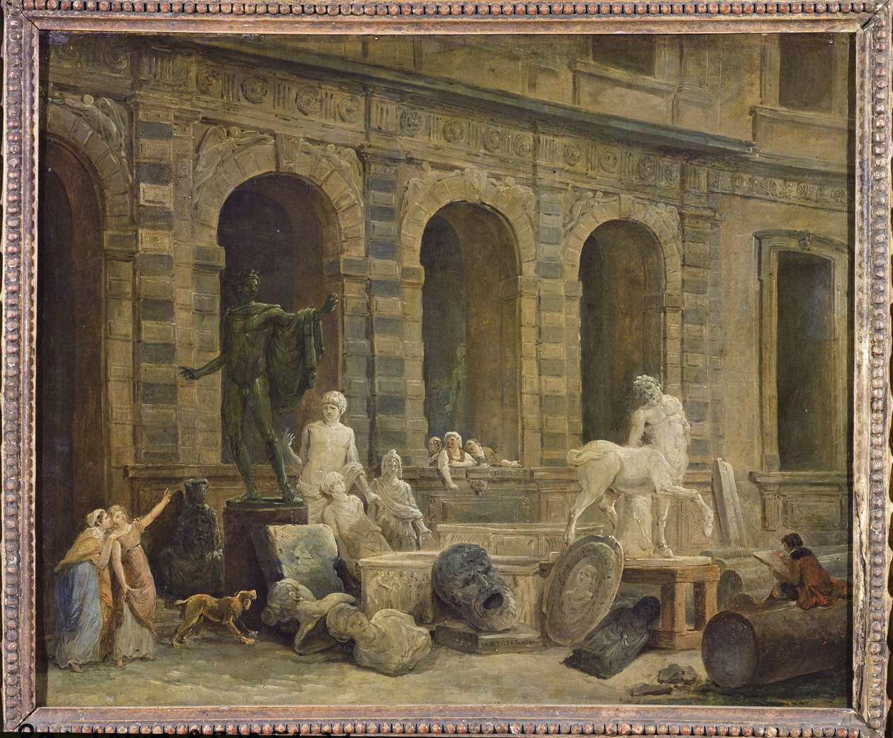 رجل يرسم تحف أمام معرض صغير في متحف اللوفر ، 1781 بواسطة هوبير روبرت