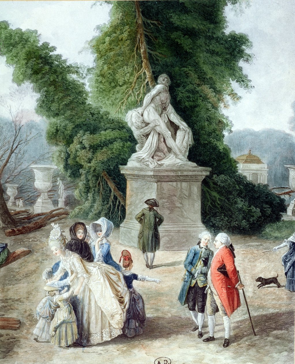 لويس السادس عشر (1754-1793) وماري أنطوانيت (1755-1793) عند دخول Tapis Vert في حدائق فرساي ، 1775 (نقش الألوان) (التفاصيل) بواسطة هوبير روبرت