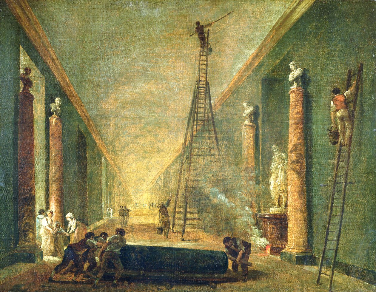 منظر للمعرض الكبير لمتحف اللوفر أثناء الترميم ، 1798-99 بواسطة هوبير روبرت