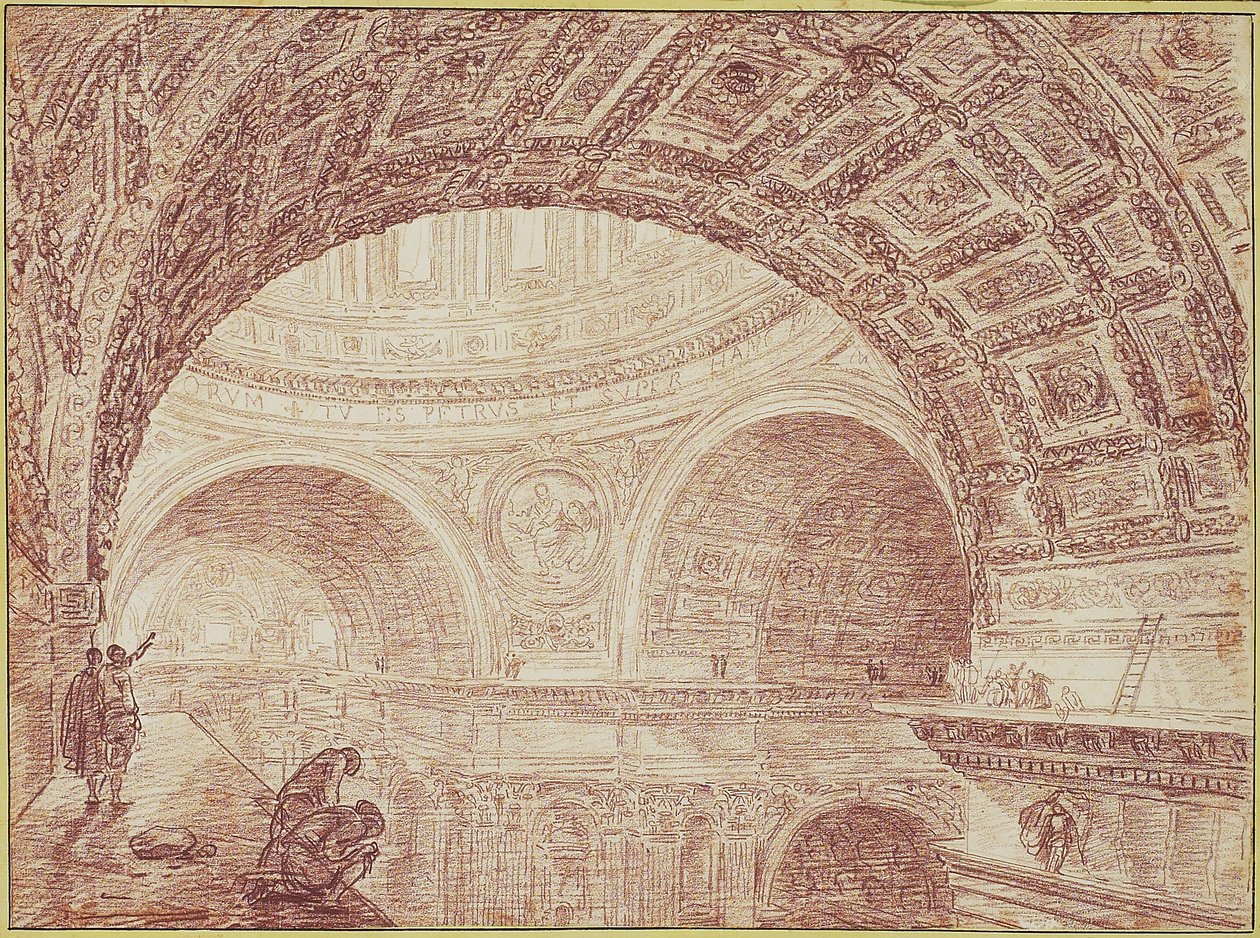 منظر لقبة القديس بيترز مأخوذة من كورنيش علوي ، c.1763 (الطباشير الأحمر على ورق مسدود) بواسطة هوبير روبرت
