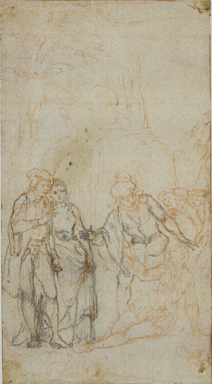 رسم توضيحي أدبي مجهول مع مجموعة من الأشكال المحيطة بالشكل المستلقي في المناظر الطبيعية بواسطة هوبير فرانسوا جرافيلوت