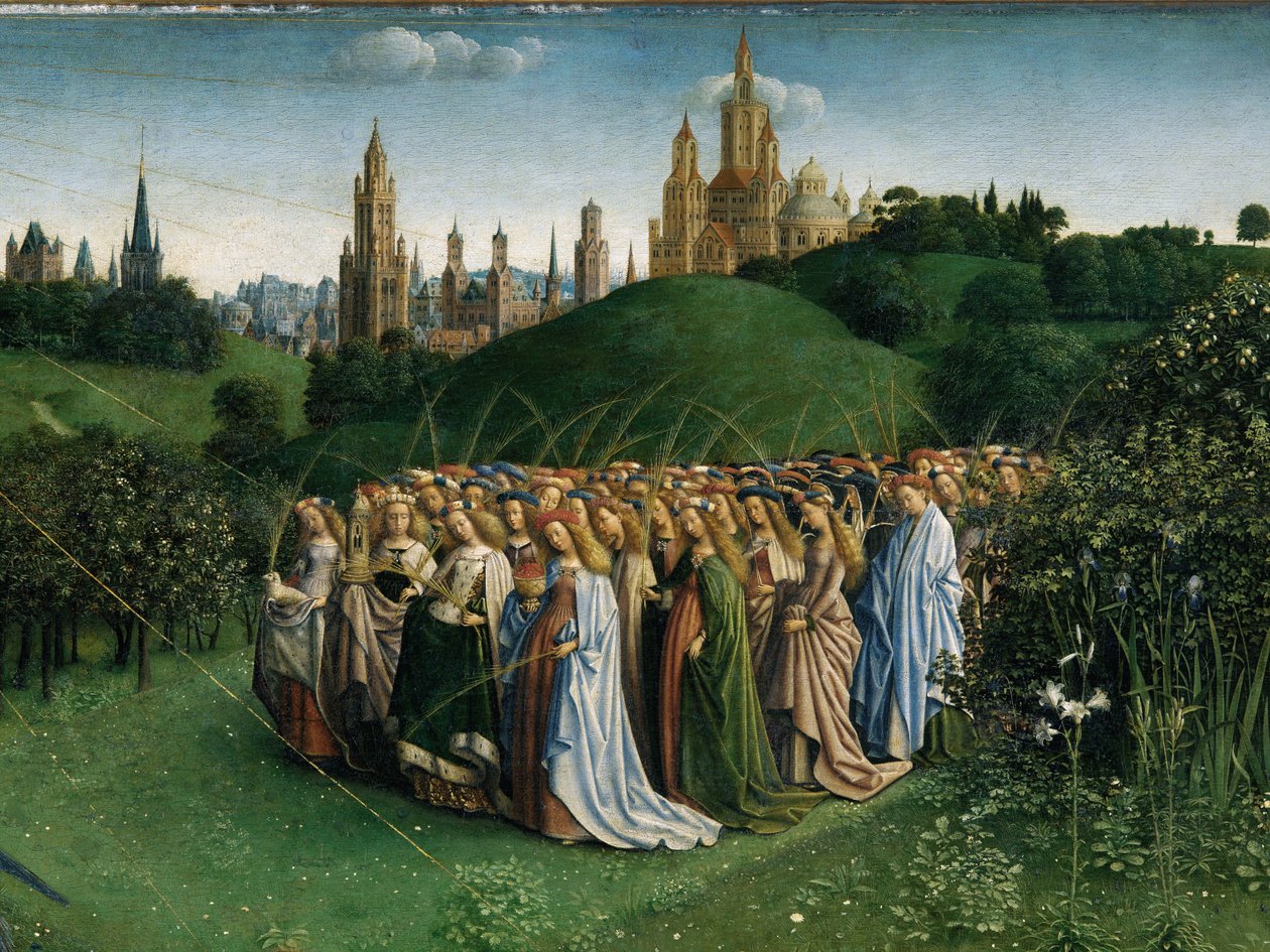 العشق من الحمل الغامض ، من Ghent Altarpiece ، تفاصيل النصف السفلي من اللوحة المركزية بواسطة Hubert & Jan van (1390 1441) Eyck