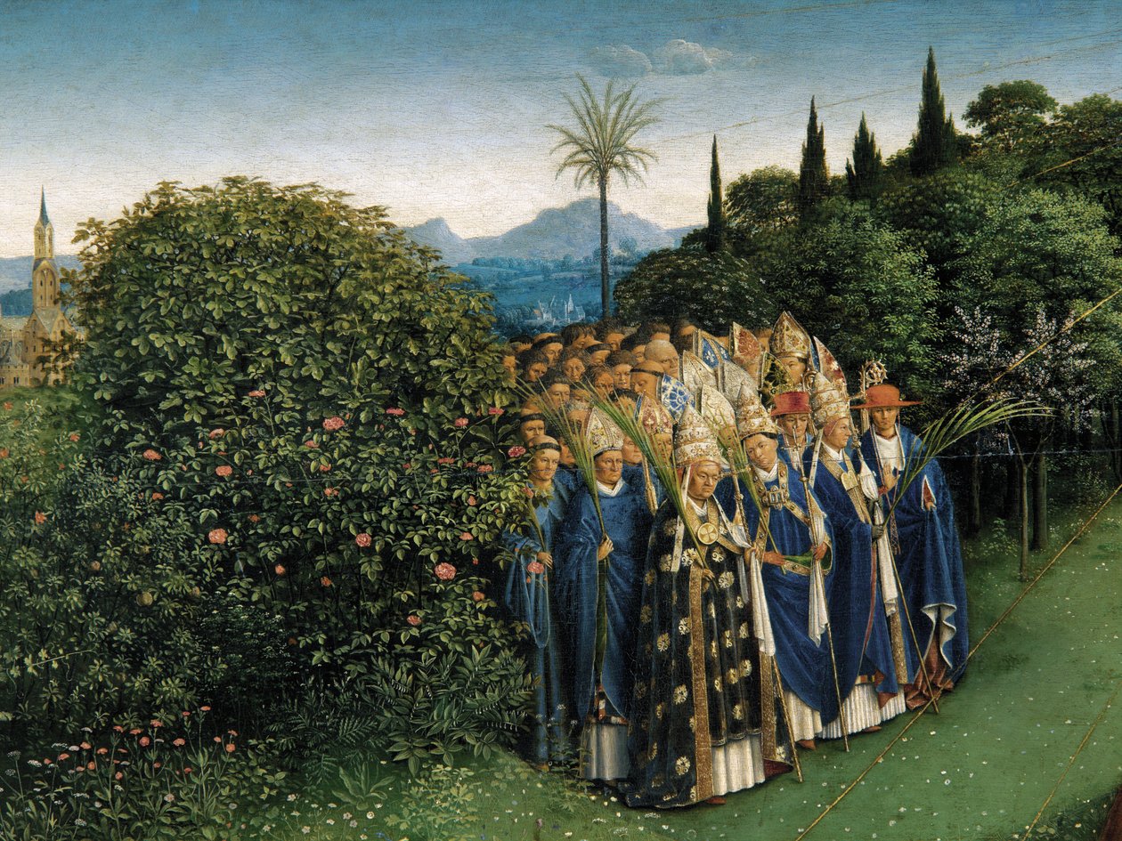 تفاصيل عبادة الحمل الصوفي ، من اللوحة المركزية لمذبح غينت (زيت على لوح) بواسطة Hubert & Jan van (1390 1441) Eyck
