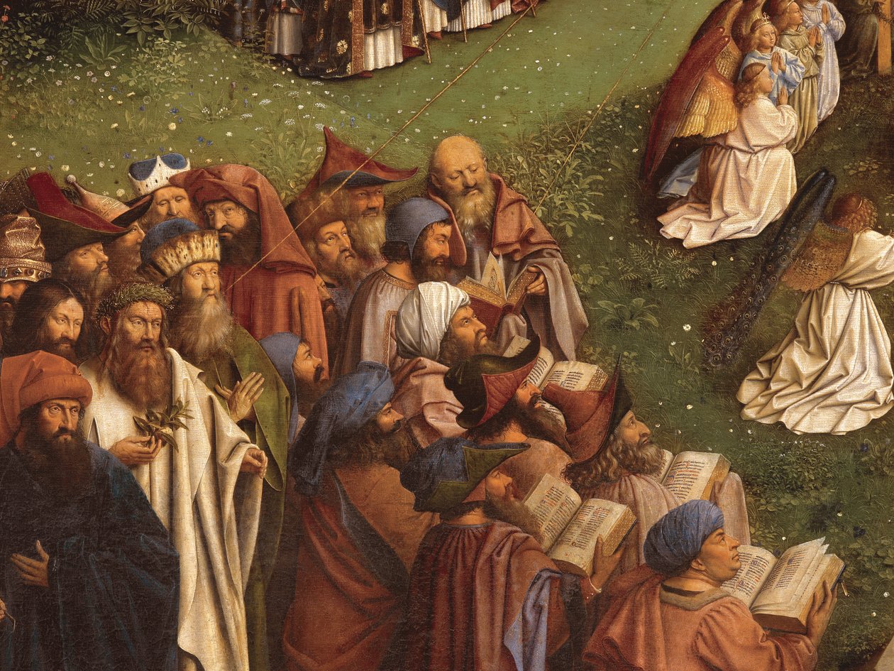 تفاصيل عبادة الحمل الصوفي ، من اللوحة المركزية لمذبح غينت (زيت على لوح) بواسطة Hubert & Jan van (1390 1441) Eyck