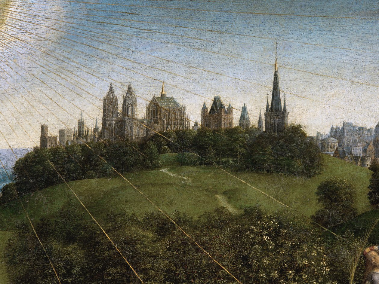 تفاصيل عبادة الحمل الصوفي ، من اللوحة المركزية لمذبح غينت (زيت على لوح) بواسطة Hubert & Jan van (1390 1441) Eyck