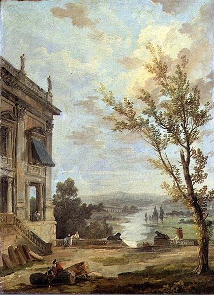 المناظر الطبيعية الإيطالية في Capriccio مع Capitoline Palazzo Nuovo والناس اللطيفين على شرفة ، نهر وراءها بواسطة هوبير روبرت