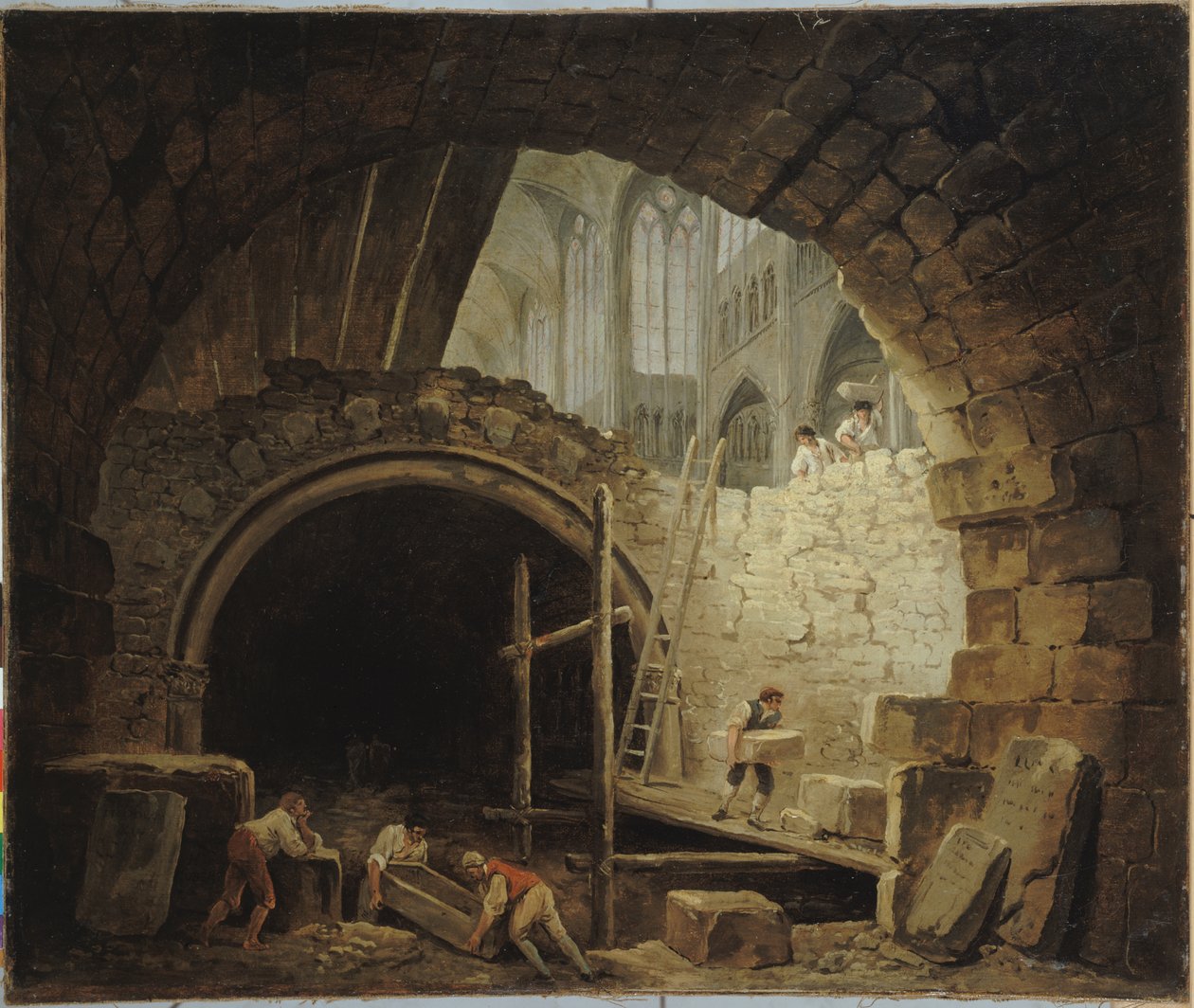 بالفرنسية: La Violation des caveaux des rois dans la basilique de Saint-Denis, en octobre 1793 نهب المقابر الملكية في كنيسة سان دوني، أكتوبر 1793 بواسطة هوبير روبرت