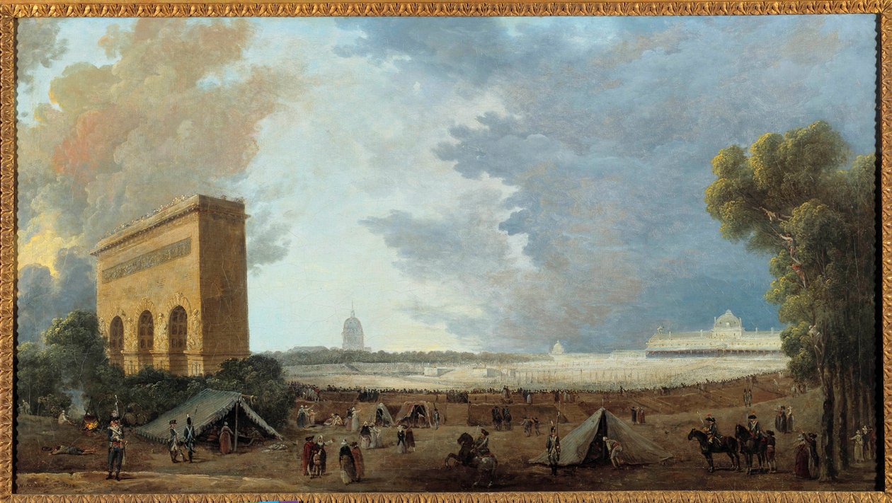 الثورة الفرنسية: "" احتفال Fete de la Federation Nationale في Champ de Mars في باريس في 14 يوليو 1790 "لوحة رسمها Hubert Robert (1733-1808). 1790 الأحد. 0.52x0.96 م بواسطة هوبير روبرت